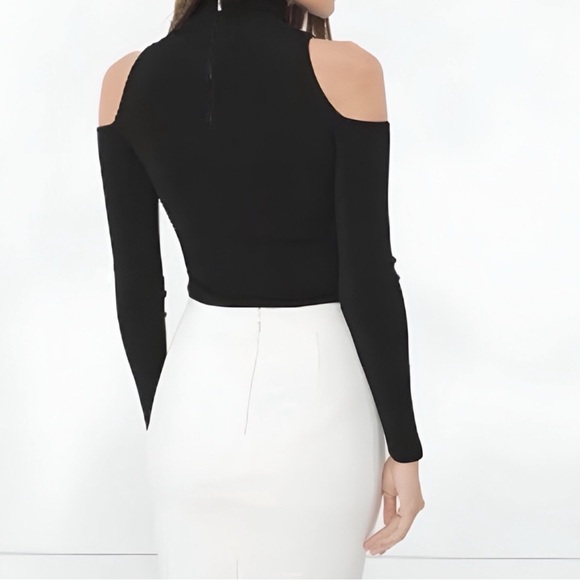 WHBM Women's Small Cold Shoulder Mock Neck Ribbed Sweater Shirt Blouse Black - Picture 2 of 4